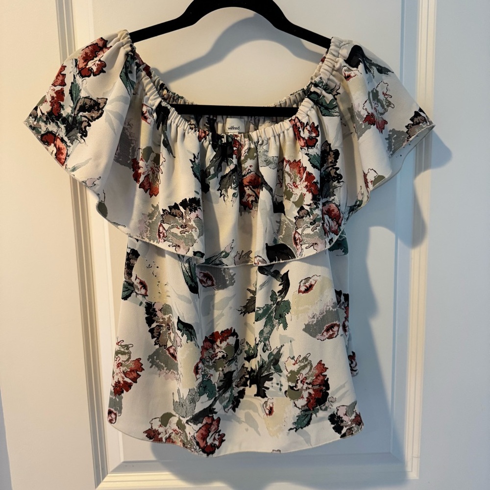 Wilfred Aritzia Promener Floral Off Shoulder Blouse with Silk Trim | S - Picture 2 of 7